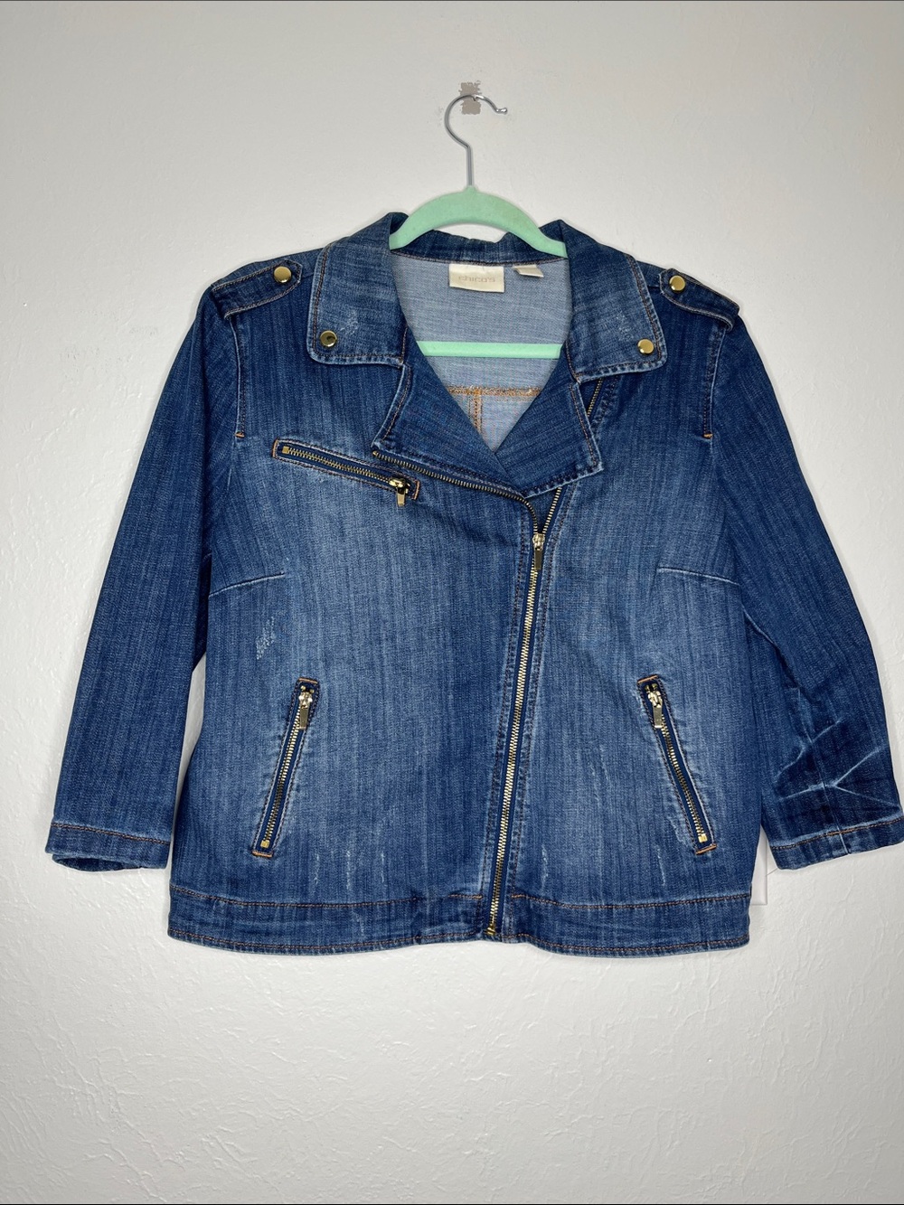 Chico’s Denim Moto Jacket 3/4 Length Sleeves - Size M (Chico’s 1)